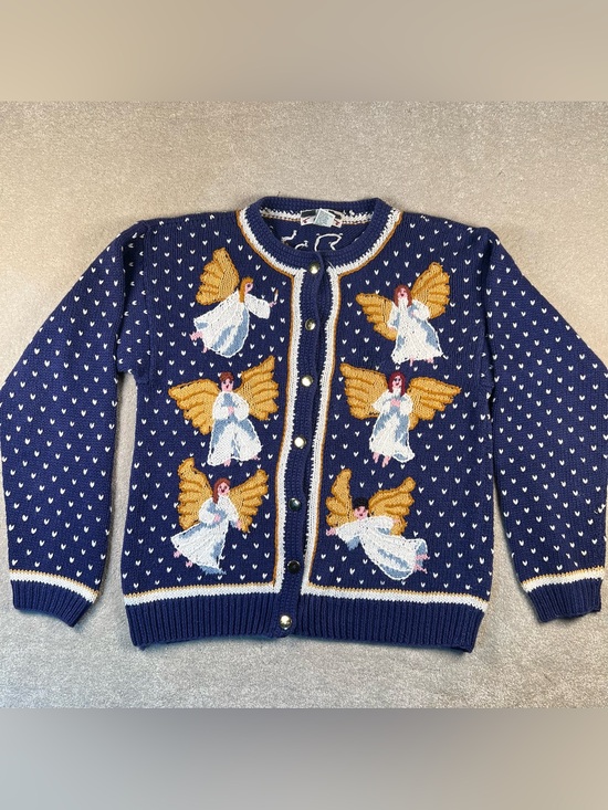 Orvis Sweaters - Vintage Orvis Sweater Cardigan Embroidered Angels Button Front Blue 14/16